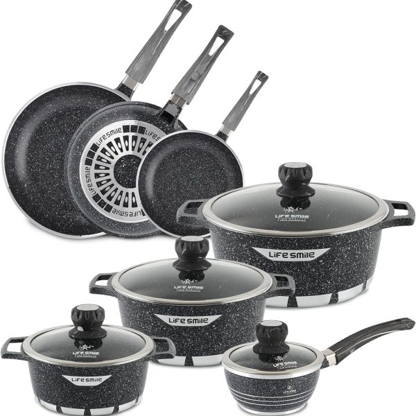 سرویس قابلمه Cookware Set Granite Stone - LIFE SMILE Pots and Pans set Multi Layer Granite Non Stick Coating Cookware Sets 100% PFOA FREE, Kitchenware Cooking Sets and Frying Pans (Black (11 Pieces))