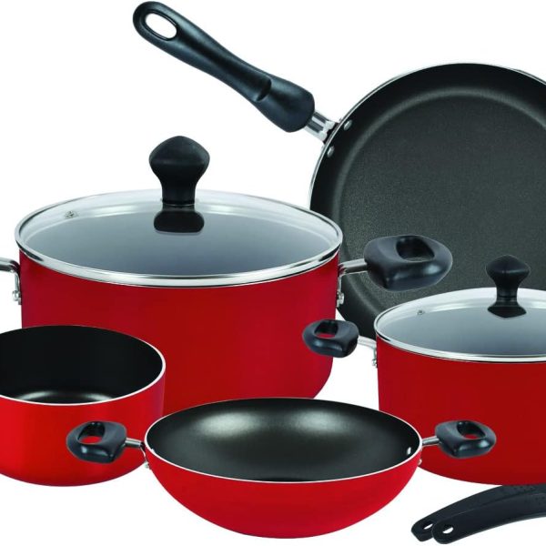 سرویس قابلمه Prestige 9 Piece Non-Stick Cookware set | Non Stick Aluminium | Casserole | Sauce Pan | Fry Pan – Red