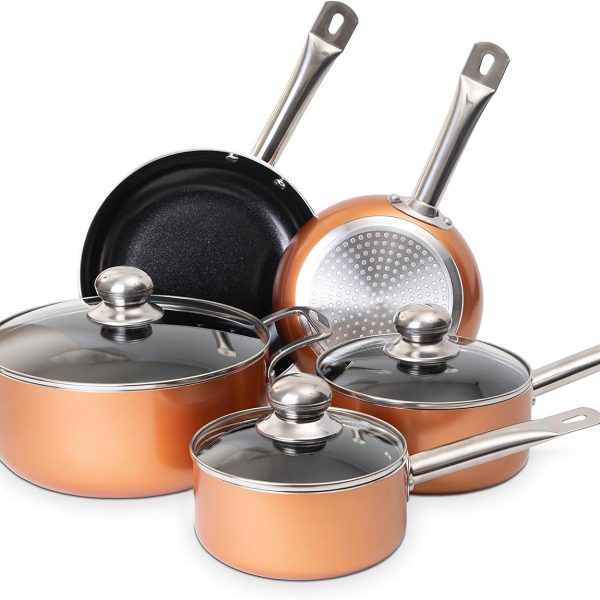 سرویس قابلمه Non Stick Pots and Pans Set – Induction Hob Pots Set – 8pcs Kitchen Cookware with Lids – Cooking Copper Saucepan Pots and Frying Pans – by Nuovva