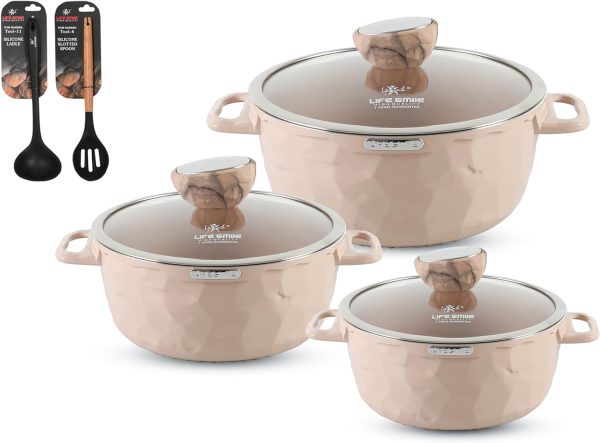 سرویس قابلمه LIFE SMILE Pots Set 8 pieces - LIFE SMILE Cookware set Induction Base, Granite Non Stick Coating,100% PFOA FREE Casserole Set include Casseroles And Silicone Utensils (Beige (24/28/32 CM))