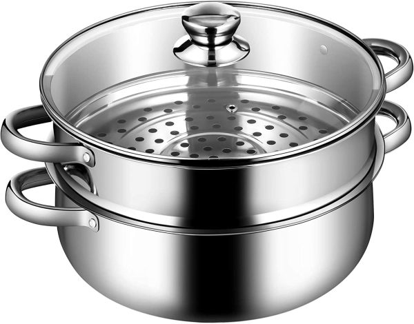 قابلمه AMERTEER 2-Tier Stainless Steel Steamer, 7-Inch Multi-Layer Boiler Pot with Handles on Both Sides, Cookware Pot with Glass Lid, Work with Gas, Electric, Grill Stove Top, Dishwasher Safe
