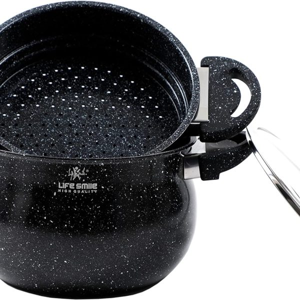 قابلمه LIFE SMILE Steamer Pot 5 Liter - Steaming Cookware Couscoussier with Tempered Glass Lid- 2 Tier Steaming Pot Granite Coating Stock Pot- Induction Bottom - Dishwasher Safe (20 CM (5 Liters), Black)