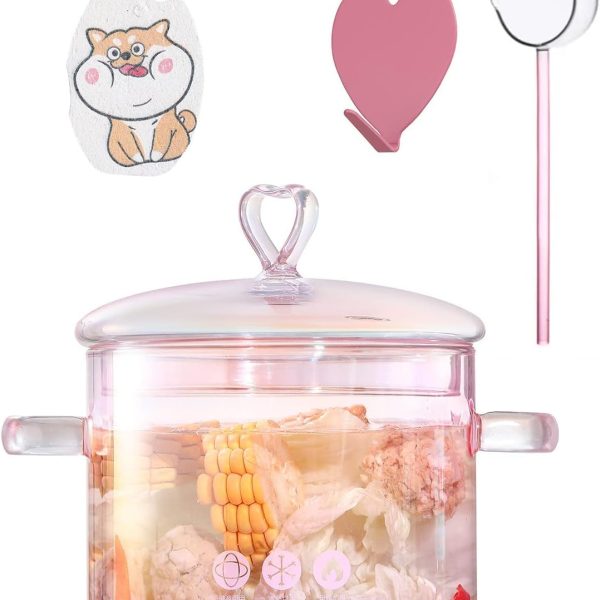 قابلمه Pink Glass Cooking Pot, Clear Pots for Cooking, Glass Pots for Cooking on Stove, Glass Cooking Saucepan with Cover, Glass Pot for Stove Top, Simmering Fruit, Spices, Vegetable Salad, Soups and Stews.