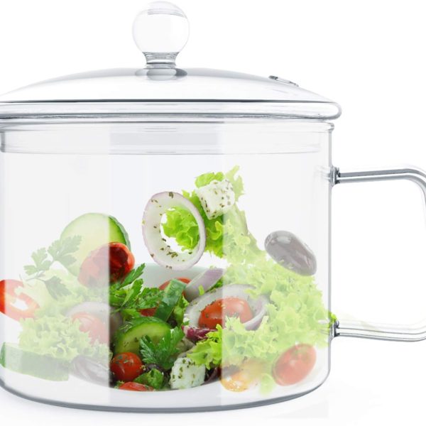 قابلمه Suwimut Glass Saucepan with Lid, 1.3L/40 FL OZ Heat-resistant Glass Stovetop Cooking Pot with Handle, Glass Cookware Set Soup Bowls for Noodles, Soup, Milk, Microwave Dishwashers Safe