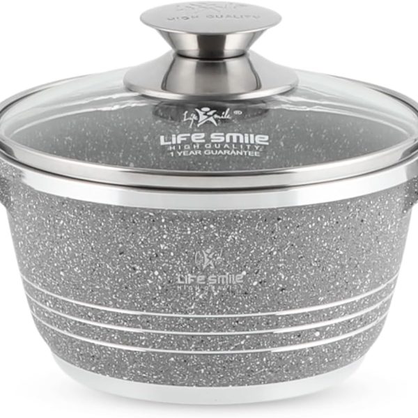 قابلمه LIFE SMILE Cooking Pot | aluminum Soup Pot With Glass Lid | 100% PFOA Free, Fixed Handle | Multi Layer Non-Stick Granite Coating | oven safe & Dishwasher Safe (16CM (1.5 Liters), Grey)