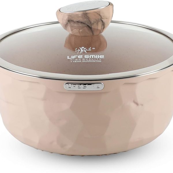 قابلمه LIFE SMILE Cooking Pot | aluminum Soup Pot With Glass Lid | 100% PFOA Free, Induction Bottom | Multi Layer Non-Stick Granite Coating | oven safe & Dishwasher Safe (16CM (1.5 Liters), Cream)