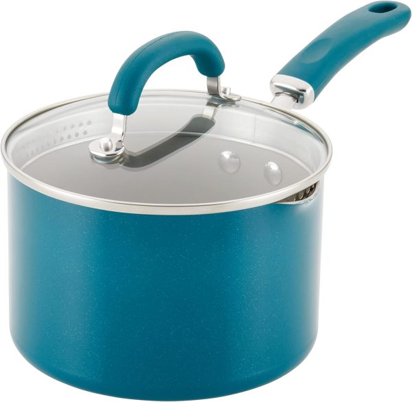 شیرجوش  Rachael Ray 12020 Create Delicious Nonstick Sauce Pan/Saucepan with Straining and Lid, 3 Quart - Teal Shimmer