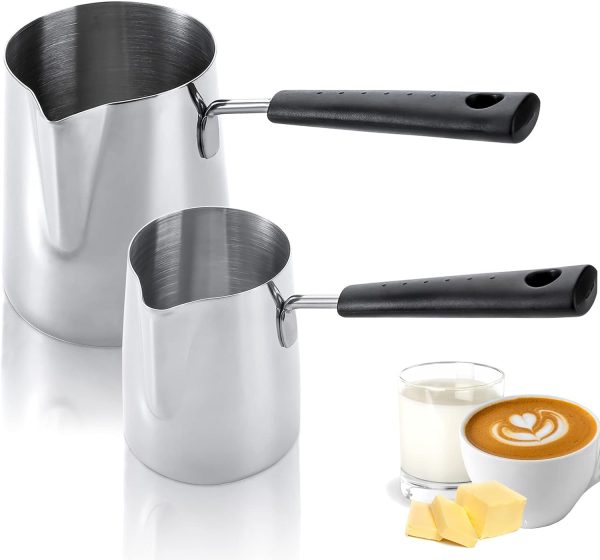 شیرجوش Set of 2 Milk Butter Warmer Pot, 12oz/22oz Turkish Coffee Pot, Stovetop Chocolate Melting Pan, Cezve Ibrik Briki Greek Arabic Coffee Maker for Maple Syrup, Sauce Heating, 18/8 Stainless Steel