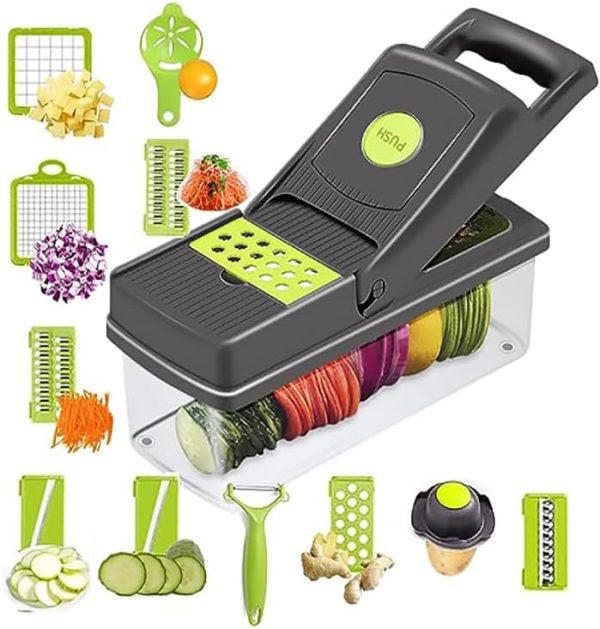 رنده Multifunctional Mandoline Slicer Shredded Sliced and Scraped Thick Dicing Machine Spiral Vegetable Slicer. 14 in one with 7 Interchangeable Blades and Peeler