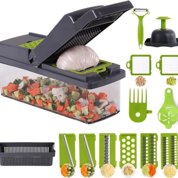 رنده Vegetable Chopper, Mandoline Slicer Pro Multifunctional 15 in 1 Food Chopper, Multi Blade Kitchen Food Vegetable Chopper Cutter with Container Drain Basket for Fruit Onion Potato,