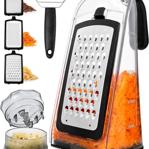 رنده Joined Cheese Grater with peeler garllic crusher- Box Grater Cheese Shredder Lemon Zester Grater - Cheese Grater with Handle - Graters for Kitchen Stainless Steel Food Grater and Vegetable Peeler