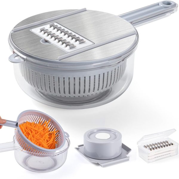 رنده Vegetable Mandoline Slicer, New Upgrade Version 10 in 1 Kitchen Vegetable Cutter and Slicer, Stainless steel Kitchen Multipurpose Julienne Grater with Hand Guard, Drain Basket and Container
