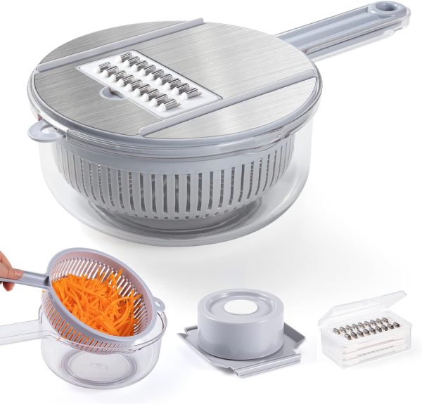 رنده Vegetable Mandoline Slicer, New Upgrade Version 10 in 1 Kitchen Vegetable Cutter and Slicer, Stainless steel Kitchen Multipurpose Julienne Grater with Hand Guard, Drain Basket and Container