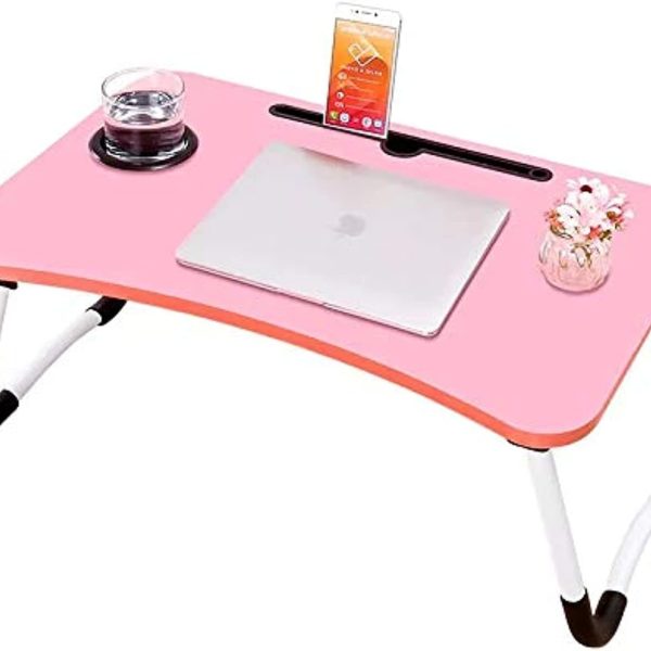 میز لپ تاپ laptop desk Folding Bed Table Laptop Desk with iPad and Cup Holder Notebook Study Laptop Stand Desk for Bed & Sofa Computer Table with Folding Legs watch movies-PINK