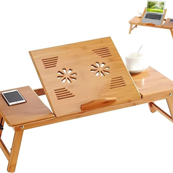 میز لپ تاپ Bamboo Laptop Bed Desk, Lap Bed Tray with Drawer Fan Clooer Portable Foldable Bed Serving Tray Table with Adjustable Tilt Top Phone Cup Holder Notebook PC Bed Stand for Surfing Breakfast Eating Study