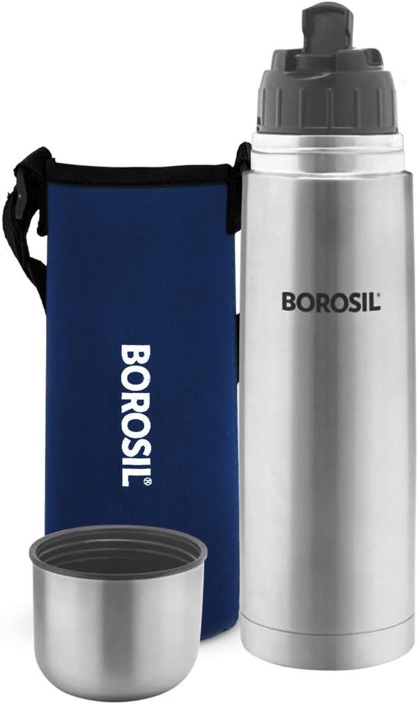 فلاسک Borosil Stainless Steel Hydra Thermo Double Wall Copper Coated Inner Vacuum Insulated Flask with Blue Jacket |Water Bottle|Thermos|Sports Bottle|Yoga Bottle|Outdoor|Reusable Leak Proof 1000 ml