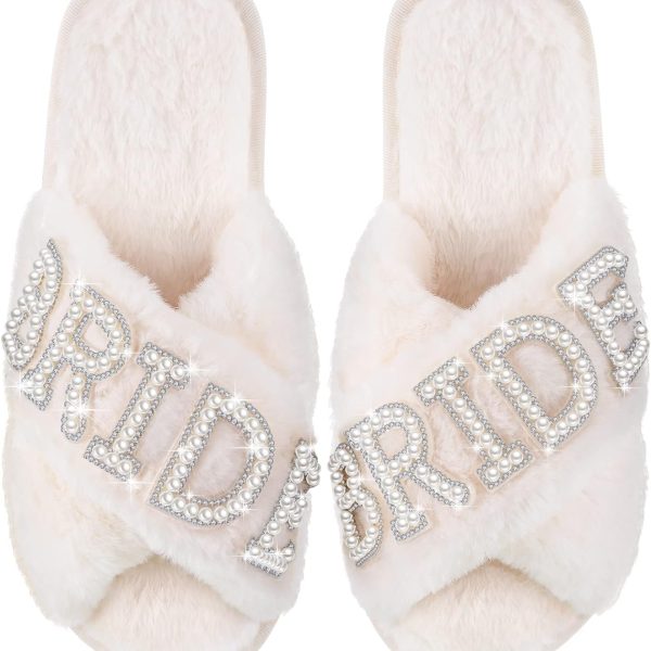 دمپایی Jiuguva Bride Slippers for Wedding White Soft Womens Bridal Slippers Open Toe Slippers for Bridal and Bachelorette Party Gift