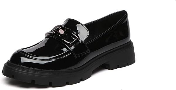 کفش Vera Creation Women's Chunky Platform Loafers with Chain or Buckle Patent Leather Casual Business Work Shoes Comfort Slip-on