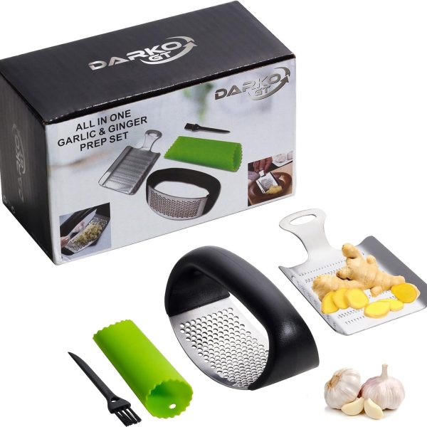 سیر له کن Garlic Press Set - Durable Garlic Mincer & Crusher, Ginger Crusher and Peeler With Silicone Roller Peeler - Effortless Squeezing, Rust Proof, Dishwasher-Friendly for Quick Cleanup