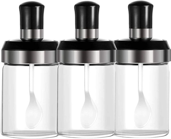 سرویس ادویه جات Glass Spice Jars Seasoning & Condiment bottle, Combination Spoon and Lid Design, Salt Sugar and ketchup Canning Jar for Home and Kitchen 9.5OZ,250ML (Spice Jars Set of 3)