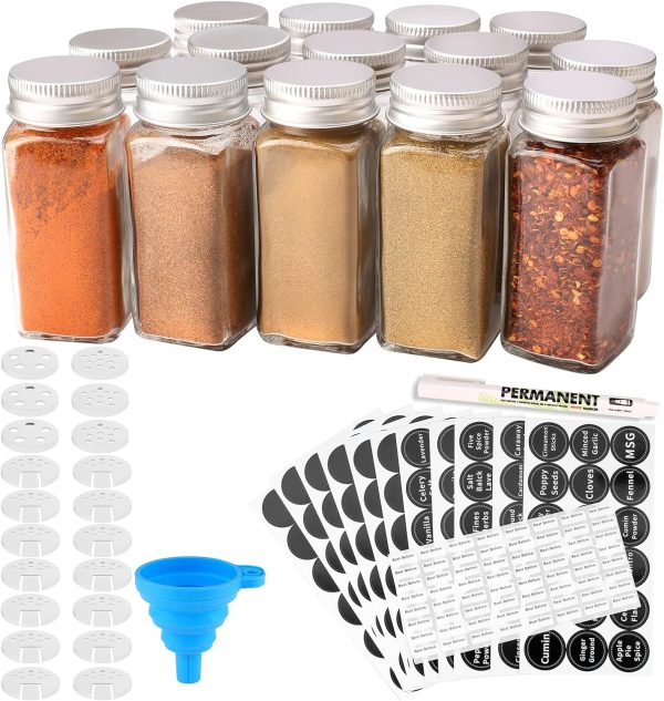 سرویس ادویه جات MONICA 14 Glass Spice Jars with w/2 Types of Spice Labels.4oz Empty Square Spice Bottles,Three kinds of Shaker Lids and Airtight Metal Caps-White Paint Pen and Silicone Collapsible Funnel Included