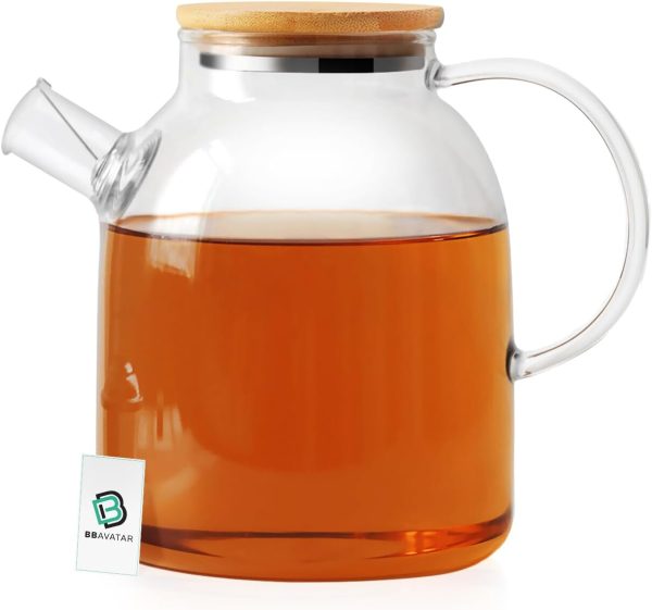 قوری شیشه ای BBAVATAR 1.8L Clear Glass Teapot Heat Resistant Borosilicate Stovetop Microwave Safe Tea Pot with Removable Bamboo Lid & Wide Handle - Hot/Cold Filter Spout for Loose Leaf Tea & Blooming Tea