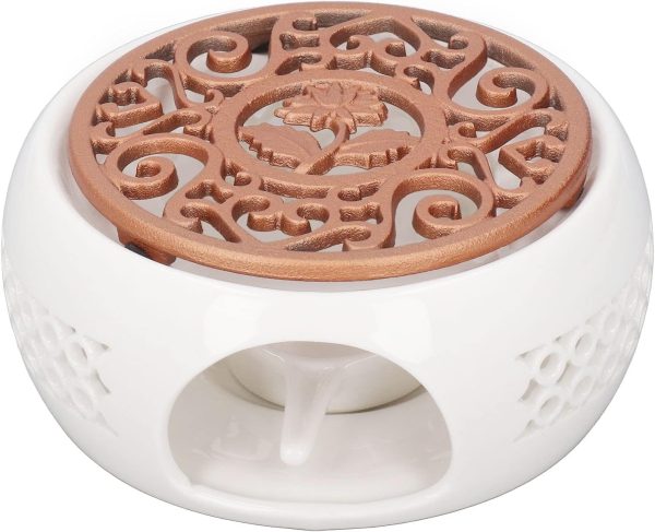 استند وارمر Ceramic Teapot Warmer, Tea Warmer for Glass Teapot, Ceramic Base Heating Tea Light Warmer, Heatproof Dish Warming Tools for Tea Kettles and Mugs, 5.8 X 2.4inch White