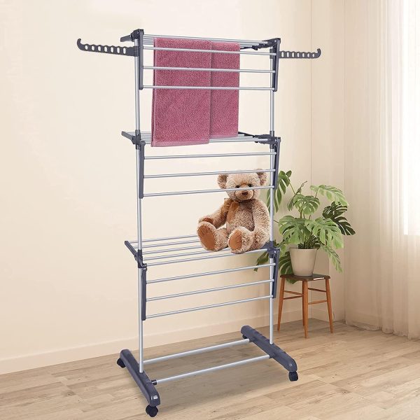 بند رخت Toworld Clothes Drying Rack Folding Clothes Rail 3 Tier Clothes Horses Rack Stainless Steel Laundry Garment Dryer Stand with Two Side Wings - تصویر 4