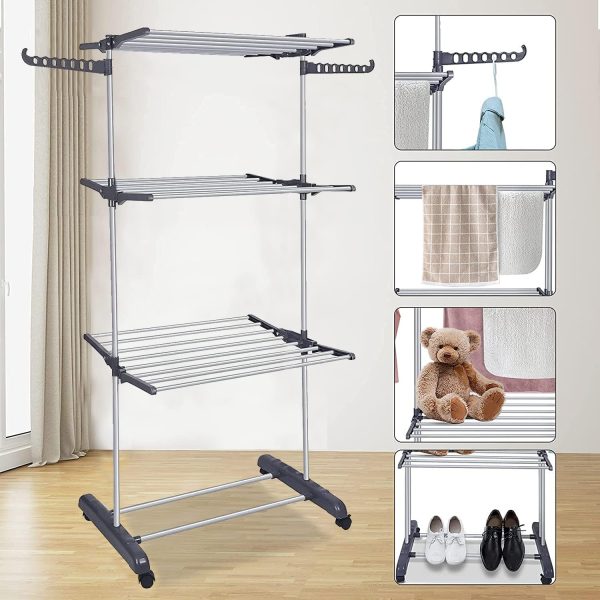 بند رخت Toworld Clothes Drying Rack Folding Clothes Rail 3 Tier Clothes Horses Rack Stainless Steel Laundry Garment Dryer Stand with Two Side Wings - تصویر 5