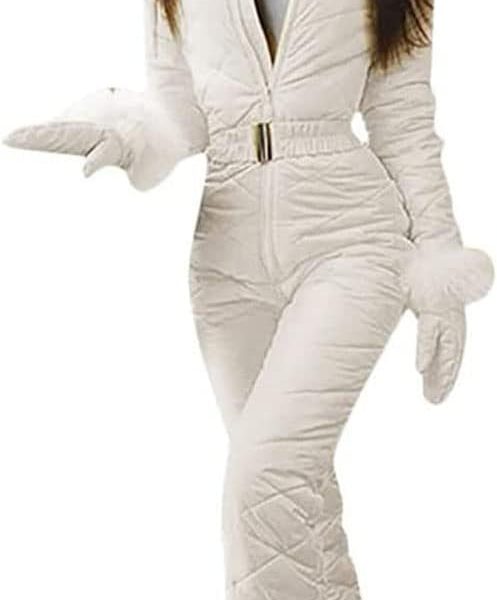 لباس اسکی Women's One Pieces Ski Suit Winter Warm Snowsuit Jumpsuit Windproof Insulated Ski Suit for Outdoor White-L