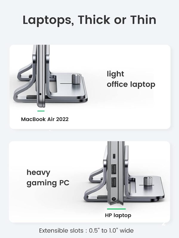پایه لپ تاپ UGREEN Aluminum Vertical Laptop Stand, Double Desktop Stand Holder with Adjustable Dock Space-Saving Anti Slide Silicone Grips for All Tablet/iPad MacBook/Surface/Samsung/HP/Dell/Chrome Book Silver - تصویر 5