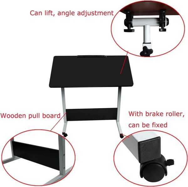 میز لپ تاپ (80 * 40cm)Foldable Home Office Desk with Wheels, Lifted Height Adjustable Mobile Stand Up Desk, Storage Desk Laptop Desk, Computer Desk Bedside Table for Study Room Bedroom Living Room (Black) - تصویر 5