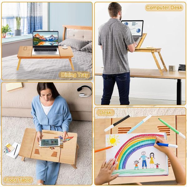میز لپ تاپ Bamboo Laptop Bed Desk, Lap Bed Tray with Drawer Fan Clooer Portable Foldable Bed Serving Tray Table with Adjustable Tilt Top Phone Cup Holder Notebook PC Bed Stand for Surfing Breakfast Eating Study - تصویر 7