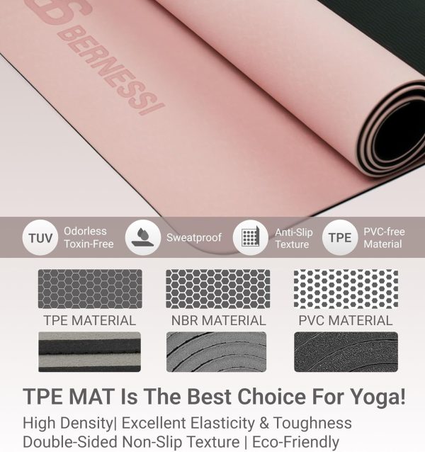 مت ورزشی Bernessi 8MM Yoga Mat with Carrying Strap Non Slip for Home Workout Exercise Meditation Eco Friendly, Non Skid TPE Yoga Mattres for Pilates 183x61x0.8cm Thick, Pink/Black - تصویر 5