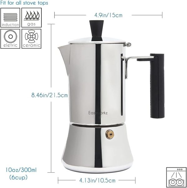قهوه جوش Easyworkz Pedro Stovetop Espresso Maker Stainless Steel Italian Coffee Machine Maker 6Cup 300ml Induction Moka Pot - تصویر 8