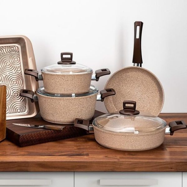 سرویس قابلمه Cookware Set 7 pieces - Pots and Pans set Granite Non Stick Coating 100% | PFOA FREE, Base Cooking Set Pots and Pan | Casserole, Shallow Pot, Frypan with Bakelite Handles | Tempered Glass Lid. - Beige - تصویر 5