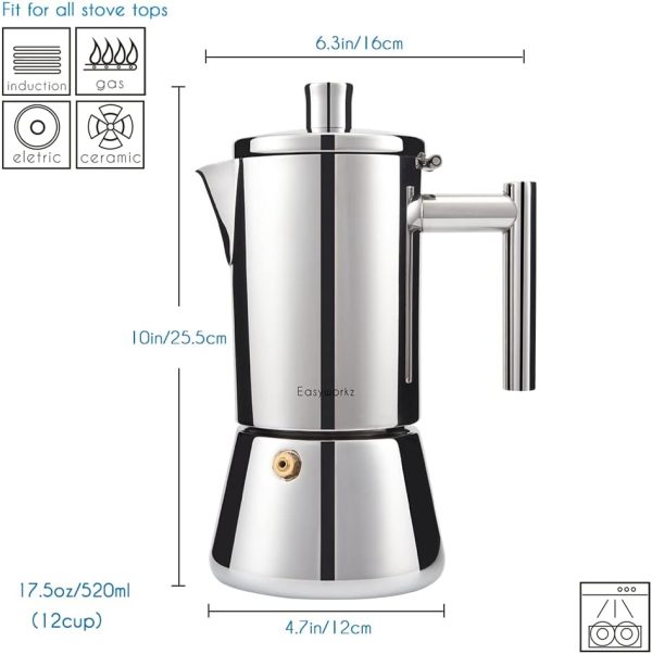 قهوه جوش Easyworkz Diego Stovetop Espresso Maker Stainless Steel Italian Coffee Machine Maker 10-12Cup 520ml Induction Moka Pot - تصویر 4