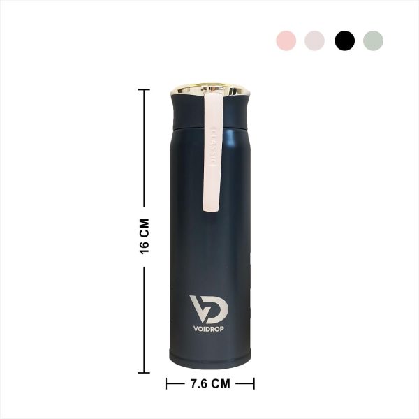 بطری آب VOIDROP-Small Insulated Water Bottle16OZ 450ML- Stainless Steel Water Bottle With Golden Lid-Water Bottle With Silicon Strap-Hydrate Water Bottle-Tumbler Water Bottle (CHARCOAL BLACK) - تصویر 3