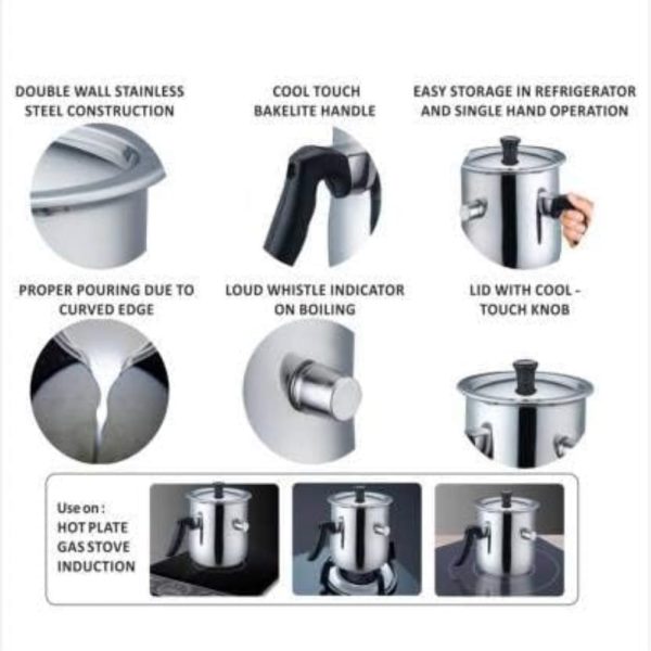 شیرجوش Stainless steel milk pot | milk pot cookware | milk pot double bottom with whistle silver milk pot with lid (2.0 Liters) - تصویر 5