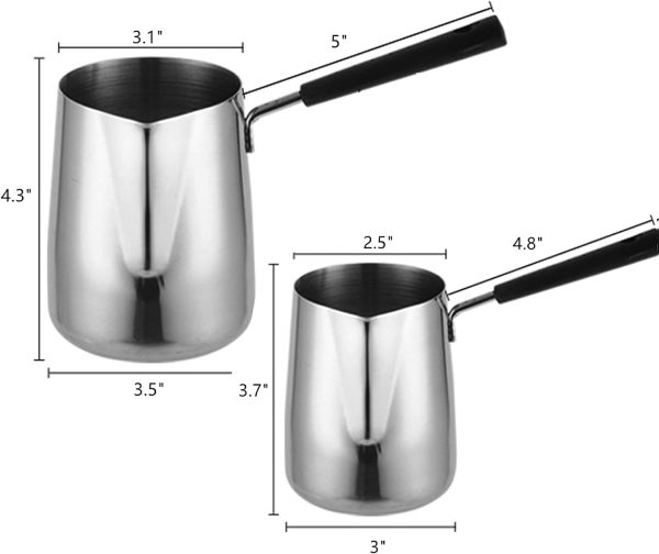 شیرجوش Set of 2 Milk Butter Warmer Pot, 12oz/22oz Turkish Coffee Pot, Stovetop Chocolate Melting Pan, Cezve Ibrik Briki Greek Arabic Coffee Maker for Maple Syrup, Sauce Heating, 18/8 Stainless Steel - تصویر 4