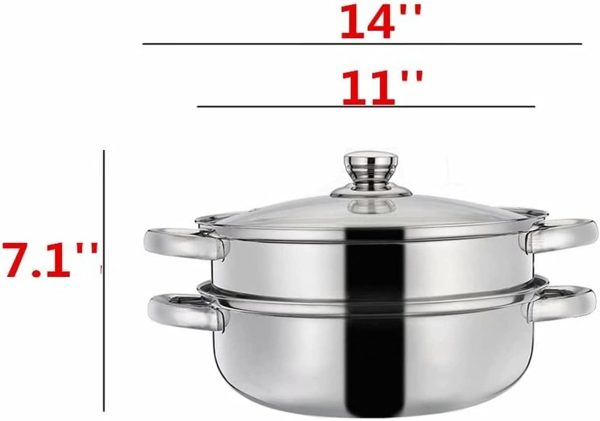 قابلمه AMERTEER 2-Tier Stainless Steel Steamer, 7-Inch Multi-Layer Boiler Pot with Handles on Both Sides, Cookware Pot with Glass Lid, Work with Gas, Electric, Grill Stove Top, Dishwasher Safe - تصویر 4