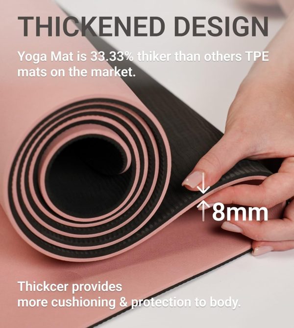 مت ورزشی Bernessi 8MM Yoga Mat with Carrying Strap Non Slip for Home Workout Exercise Meditation Eco Friendly, Non Skid TPE Yoga Mattres for Pilates 183x61x0.8cm Thick, Pink/Black - تصویر 6