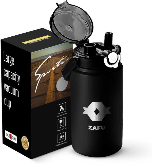 بطری آب ZAFU 1.2L Large Capacity Thermos Bottle w/Straw, Stainless Steel Vacuum Flask Insulated Water Bottle with Straw, with Handle, Vacuum Water Bottle For Hot Cold Drinks, Thermos Cup (Black)