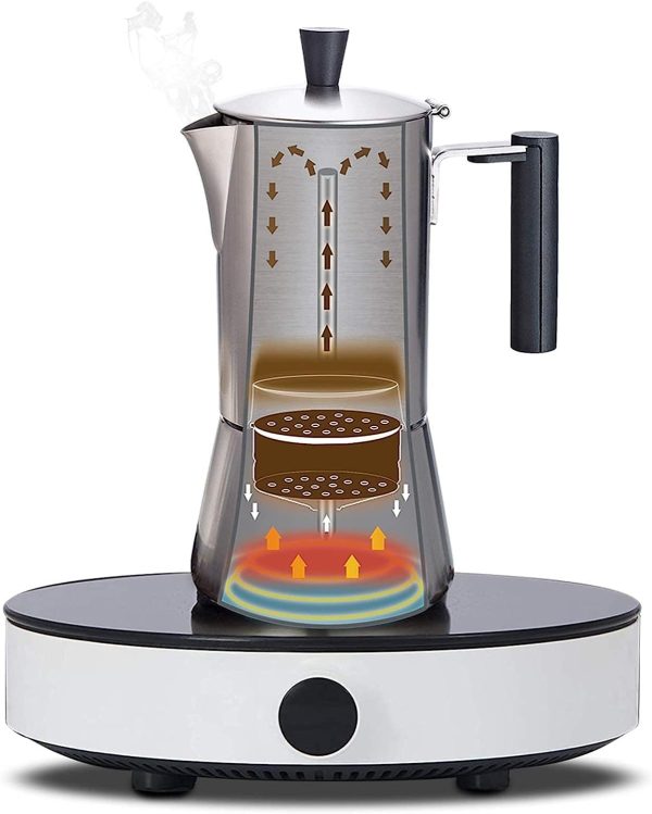 قهوه جوش Easyworkz Pedro Stovetop Espresso Maker Stainless Steel Italian Coffee Machine Maker 6Cup 300ml Induction Moka Pot - تصویر 9