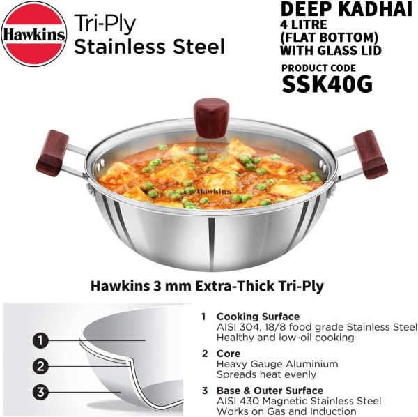 قابلمه Hawkins 4 Litre Deep Kadhai, Triply Stainless Steel Kadai with Glass Lid, Flat Bottom Induction Kadhai, Big Kadai, Silver (SSK40G) - تصویر 4