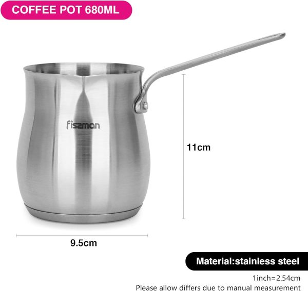 شیرجوش Fissman Stainless Steel Coffee Pot 680ml with Induction Bottom, Turkish Coffee Pot, Butter Cocoa Milk Warmer, Sauce Maker with Spout, Ibrik Cezve Briki Compatible with Gas, Electric, Glass-Ceramic - تصویر 4