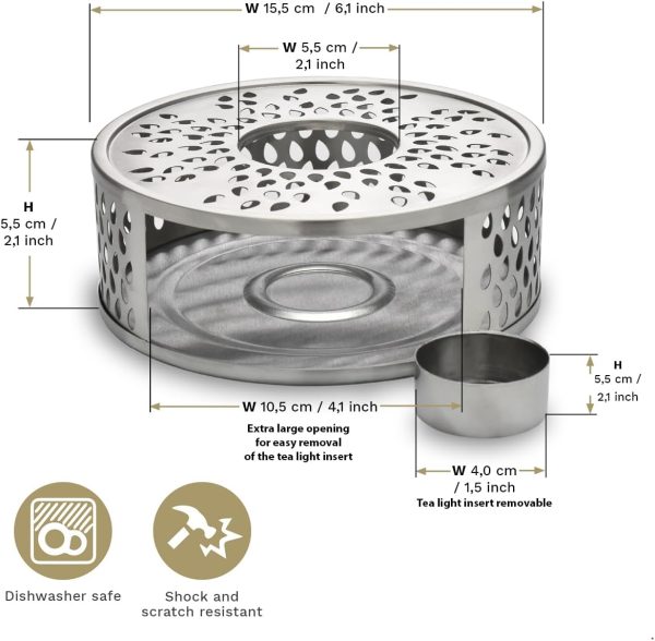 استند وارمر Creano Teapot Warmer Made of Stainless Steel with Tea Light Holder - Tea Warmer Suitable for All Teapots - Stable Does not Rattle - تصویر 4