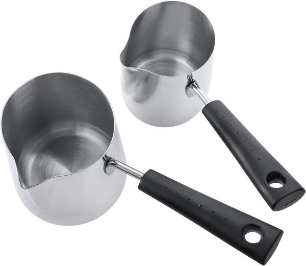 شیرجوش Set of 2 Milk Butter Warmer Pot, 12oz/22oz Turkish Coffee Pot, Stovetop Chocolate Melting Pan, Cezve Ibrik Briki Greek Arabic Coffee Maker for Maple Syrup, Sauce Heating, 18/8 Stainless Steel - تصویر 6