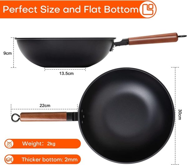 ماهی تابه وک Angju Carbon Steel Wok, 30cm Wok Pan with Lid and Spatula, Nonstick Woks and Stir-fry Pans, No Chemical Coated Flat Bottom Chinese Wok for Induction, Electric, Gas, All Stoves - تصویر 4