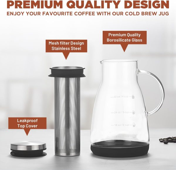 قهوه جوش L'île d'Asteria 24 Oz Cold Coffee Brew Maker, Cold Brew for Smooth Coffee Plus 15ml Scoop, Borosilicate Glass Pitcher & Stainless Steel Fine-Mesh Filter, Anti-Spill, 3 Cups Capacity, (7.2x11x20.3cm) - تصویر 3